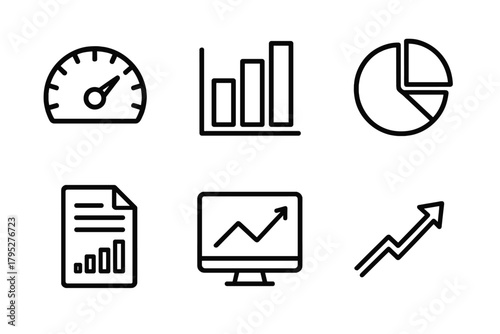 Dashboard Icons Overview. PI dashboard linear icons: speedometer, bar chart, pie graph, report paper, monitor screen, upward arrow.