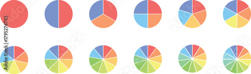 Circle pie chart diagram. Circle division infographic icon set. Loading bar set diagram multicolored collection. Pie chart divided 1,2,3,4,5,6,7,8,9,10,11,12 equal parts.	