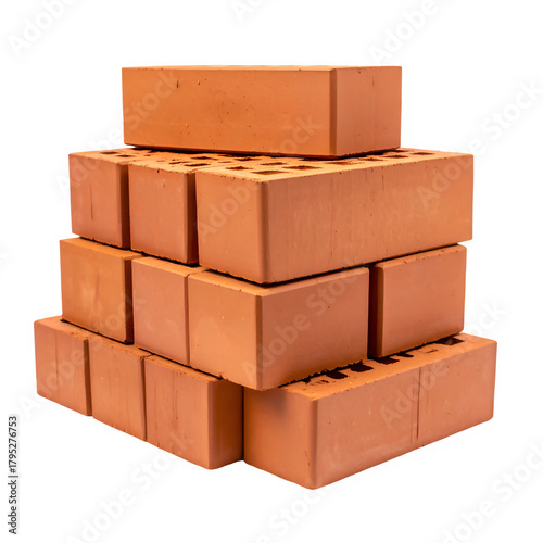 Stack of red clay building bricks arranged in a pyramid shape