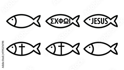 Ichthys fish christian symbols set isolated on white background, Vector