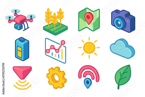 Agricultural Drone Icons. Agricultural Drone Icons flat icons: drone, wheat field, map, camera, battery, data chart, sun, cloud, sensor, gear, GPS signal, leaf.