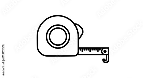 Vector of a retractable measuring tape, black and white, clean outlines, simple shapes, minimalistic tool icon style