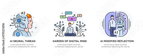 Set of illustrations artificial intelligence helps humans. technology, partnership, artificial intelligence business robot, cybes. linear illustration Icons infographics. Landing page site print