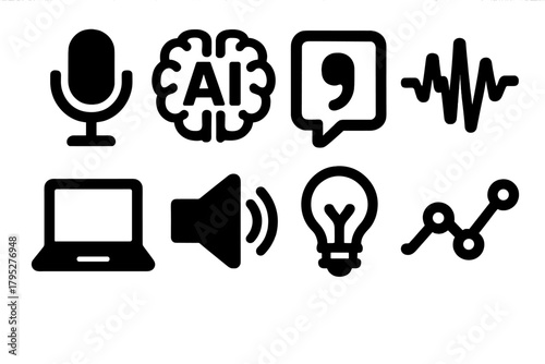 Brutalist Voice Icons. Voice Interaction System silhouette icons set: mic symbol, AI brain, command icon, waveform, laptop, speaker, light bulb, data line.