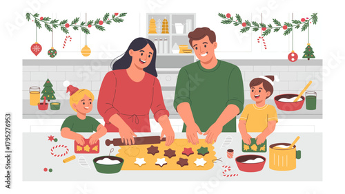 Festive Family Baking: A joyful family gathers in a cozy kitchen, working together to create delicious treats, perfect for the holiday season. The warmth of togetherness fills the air.
