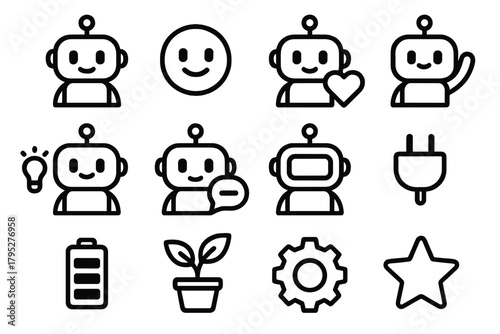 Companion Robot Icons. Companion Robots Icons linear icons: robot, smile, heart, hand, light bulb, chat bubble, screen, plug, battery, plant, gear, star.