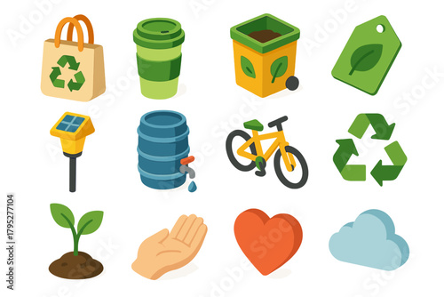 Sustainable Living Icons. Sustainable Living Icons flat icons: reusable bag, bamboo cup, compost bin, eco label, solar lamp, rain barrel, bicycle, recycling arrows, plant, hand.