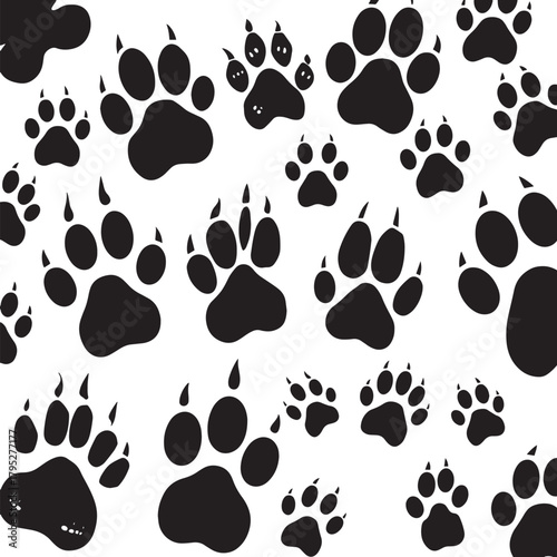 Dynamic black paw prints scattered across a clean white background, perfect for playful and wild themes.
