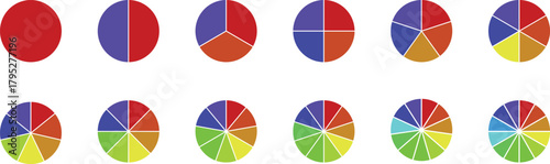 Circle pie chart diagram. Circle division infographic icon set. Loading bar set diagram multicolored collection. Pie chart divided 1,2,3,4,5,6,7,8,9,10,11,12 equal parts.	
