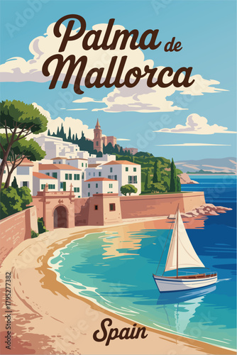 Travel poster mallorca spain featuring tropical resort scenery with palm trees