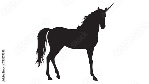 Majestic black silhouette of a mythical unicorn standing elegantly against a pure white background, symbolizing fantasy, magic, and wonder.