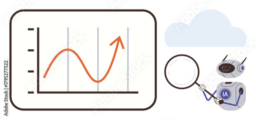 Robots studying a growth chart with a magnifying glass and connected to cloud-based technology. Ideal for data analysis, AI, growth tracking, cloud computing, innovation, automation, simple flat