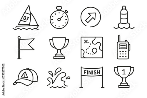Regatta Icons Set. Regatta Racing linear icons: racing sailboat, stopwatch, wind arrow, buoy marker, flag signal, trophy, sail number, course map, radio, team cap, wave splash.