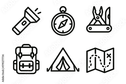 Outdoor Gear Icons. Outdoor Essentials linear icons: flashlight, compass, multitool, backpack, tent, map.