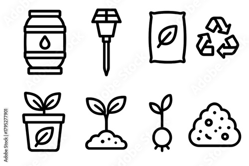 Sustainable Gardening Icons. Sustainable Gardening linear icons: rain barrel, solar light, mulch bag, recycling symbol, eco pot, seedling, green leaf, compost pile.