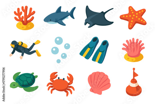Ocean Life Icons. Ocean Life Diving Icons flat icons: coral reef, shark, manta ray, starfish, diver, bubbles, flippers, sea anemone, sea turtle, crab, shell, buoy.
