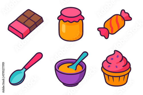 Colorful Sweet Icons. Handmade Sweets flat icons: chocolate bar, honey jar, candy, spoon, mixing bowl, cupcake.