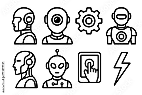 Futuristic Android Icons. Futuristic Androids linear icons: metallic head, lens eye, gear, power core, circuit, touchscreen, antenna, energy bolt.