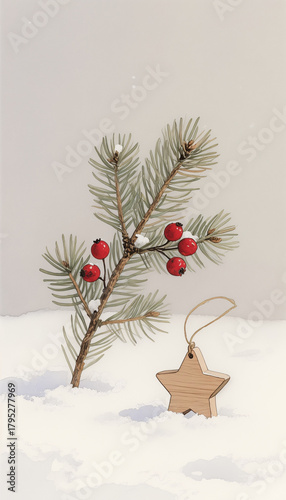 Pine branch with berries on snow