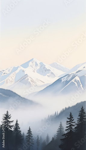 Snowy mountains with pine trees in mist