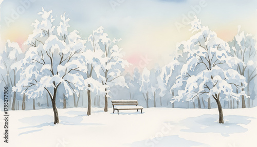 Winter park with bench and trees