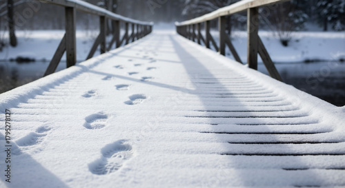Footprints in snow on wooden bridge in winter landscape  