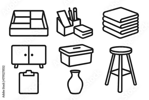 Minimalistic Home Icons. Minimal Home Order linear icons: drawer divider, desk organizer, folded towels, cabinet, container, clipboard, vase, stool.