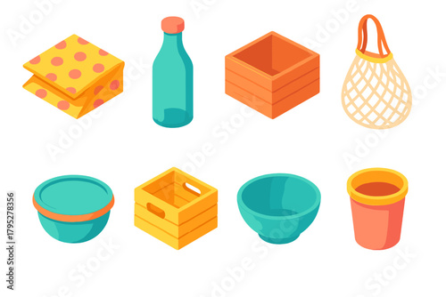 EcoFriendly Kitchen Icons. PlasticFree Kitchen flat icons: beeswax wrap, glass bottle, wooden box, mesh bag, bowl, lid, crate, cup.