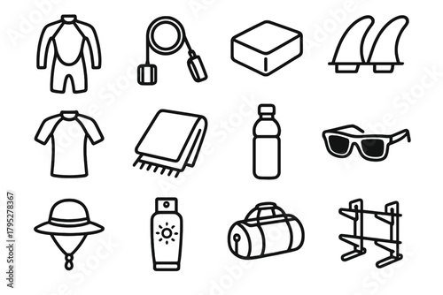 Surf Essentials Icons. Surf Gear Icons linear icons: wetsuit, surfboard leash, wax, fins, rash guard, towel, water bottle, sunglasses, hat, sunscreen, duffle bag, surfboard rack.