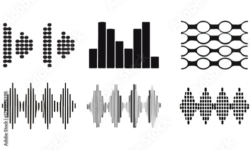  Clean vector set of sound waves and equalizer icons. Monochrome, scalable waveforms ideal for music apps, podcasts, logos, UI, slides, and branding.