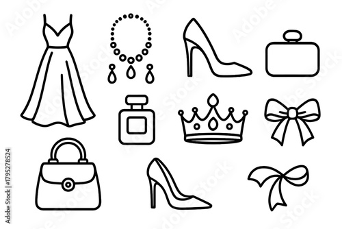 Luxury Fashion Icons. Luxury Fashion Set linear icons: gown, jewelry, heels, clutch, bag, perfume, crown, ribbon.