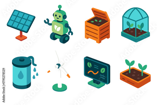 Isometric Farm Tech Icons. Sustainable Farming Tech flat icons: solar panel, eco robot, compost bin, greenhouse, rainwater collector, wind turbine, digital dashboard, plant bed.