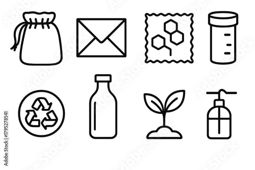 EcoFriendly Packaging Icons. Zero Waste Packaging linear icons: cloth bag, paper envelope, beeswax wrap, cardboard tube, refill station, eco icon, glass bottle, plant sprout.