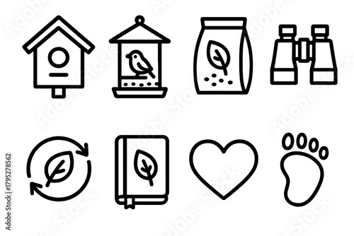 Conservation Icons Collection. Conservation Focus linear icons: birdhouse, feeder, seed bag, binoculars, eco symbol, notebook, heart, footprint.
