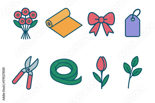 Isometric Bouquet Icons. Bouquet Crafting flat icons: flower bunch, wrapping paper, bow, tag, shears, floral tape, bud, leaf stem.