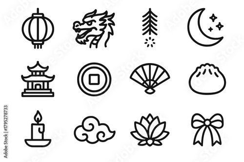Chinese Festival Icons. Chinese New Year Lantern Festival Icons linear icons: red lantern, dragon, firecracker, moon, temple, gold coin, fan, dumpling, candle, cloud, lotus flower.