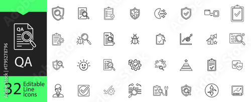 QA and software testing line icon set. 32 editable outline symbols for quality assurance, debugging, code review, and inspection.