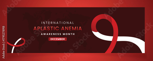 International Aplastic Anemia Awareness Month in December: Red and White Ribbon Banner with World Map Background