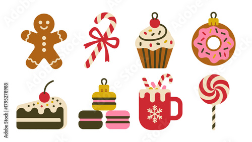 Festive Sweet Treats: An array of delightful holiday-themed desserts, a gingerbread man, candy cane, cupcake, donut, cake slice, macarons, hot cocoa and lollipop.