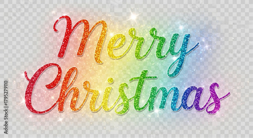 A vibrant display of holiday cheer, the words Merry Christmas shimmer with a kaleidoscope of colors, evoking a sense of joy and celebration.  vector illustration