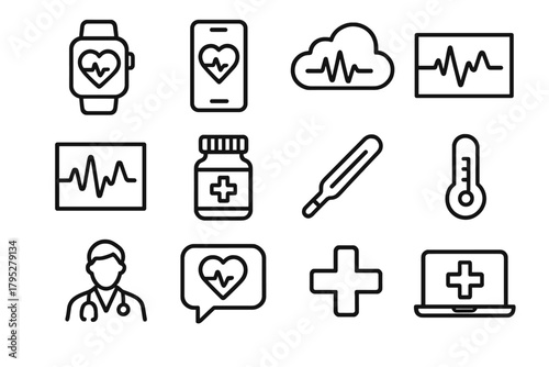 Digital Health Icons. Virtual health monitoring linear icons: smartwatch, phone, heart rate icon, cloud, ECG, chart, pill bottle, thermometer, doctor icon, message bubble, cross.