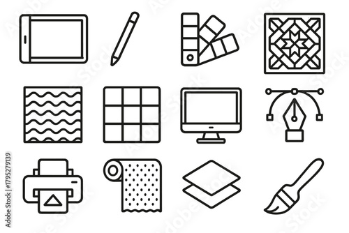 Digital Textile Tools. Digital textile design linear icons: tablet, stylus, color swatch, vector pattern, fabric texture, grid, monitor, pen tool, print icon, textile roll, layer.