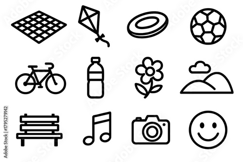Outdoor Fun Icons. Outdoor fun linear icons: picnic blanket, kite, frisbee, soccer ball, bicycle, water bottle, flower, hill, park bench, music note, camera, smile.