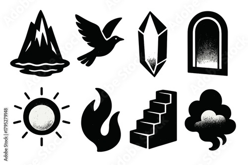 Fantasy Icons Dreamscape. Fantasy Dreamscape silhouette icons set: mountain island, flying bird, crystal, portal, glowing moon, abstract shape, stairway, mist cloud.