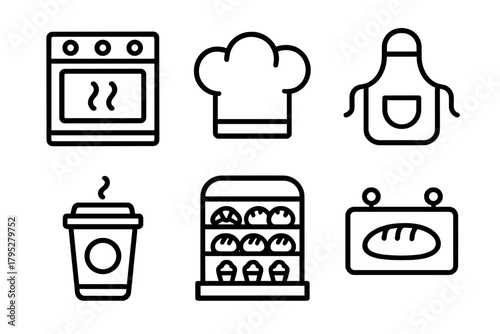 Bakery Icon Collection. Bakery Setting linear icons: oven, display case, chef hat, apron, coffee cup, bakery sign.