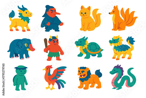 Mythical Beast Icons. Asian mythical beasts flat icons: kirin, tengu, nekomata, ninetailed fox, baku, oni, dragon turtle, qilin, kappa, fenghuang, shishi lion, serpent spirit.