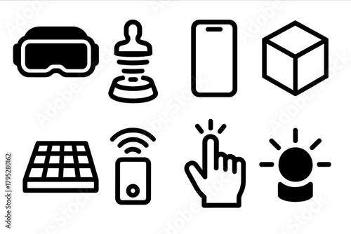 Brutalist Tech Icons. Immersive Experience silhouette icons set: AR headset, hologram, smartphone, 3D cube, digital grid, motion sensor, hand gesture, glowing icon.
