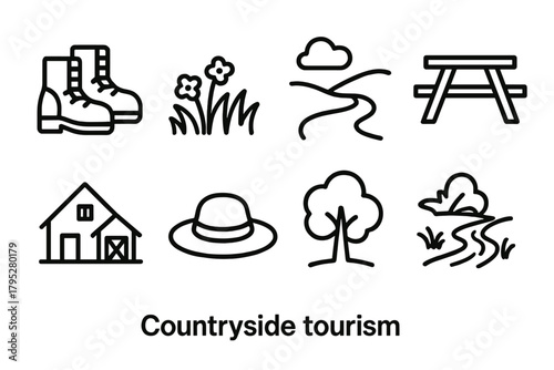 Countryside Icon Set. Countryside Tourism linear icons: hiking boots, meadow, country road, picnic table, farmhouse, sun hat, tree, stream.