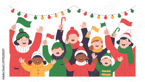 Holiday Cheers: A cheerful gathering of children is captured in a festive display, each member radiating happiness, flags and candy canes are held in the air, creating a beautiful vibrant spectacle. 