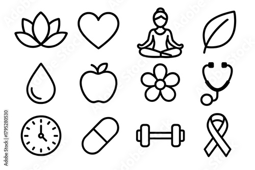 Wellness Symbols Collection. Women’s Wellness Balance linear icons: lotus, heart, yoga pose, leaf, water droplet, apple, flower, stethoscope, clock, pill, dumbbell, ribbon.